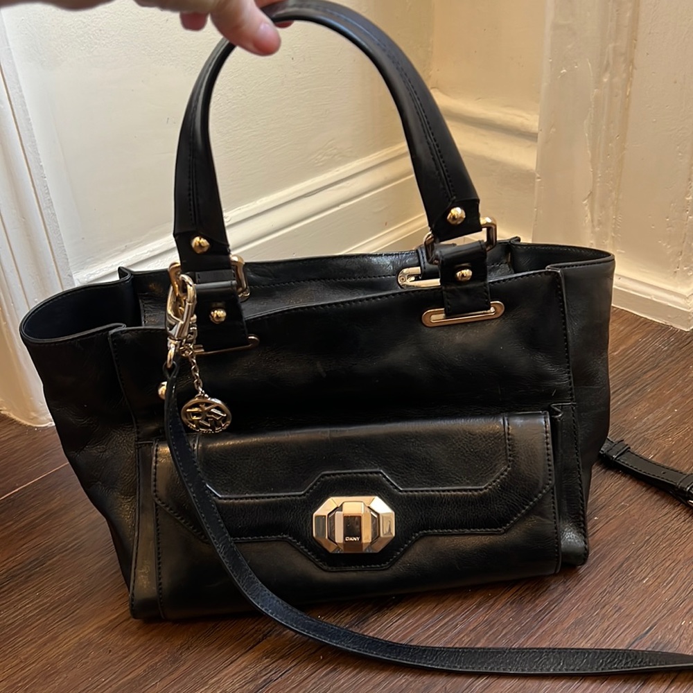 DKNY Black Leather Tote with Crossbody strap